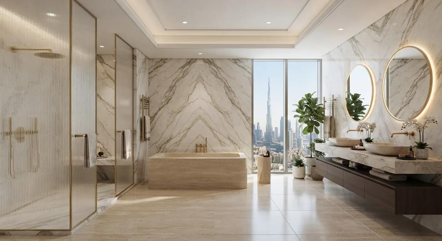 Bathroom with bookmatched stone walls and a freestanding tub