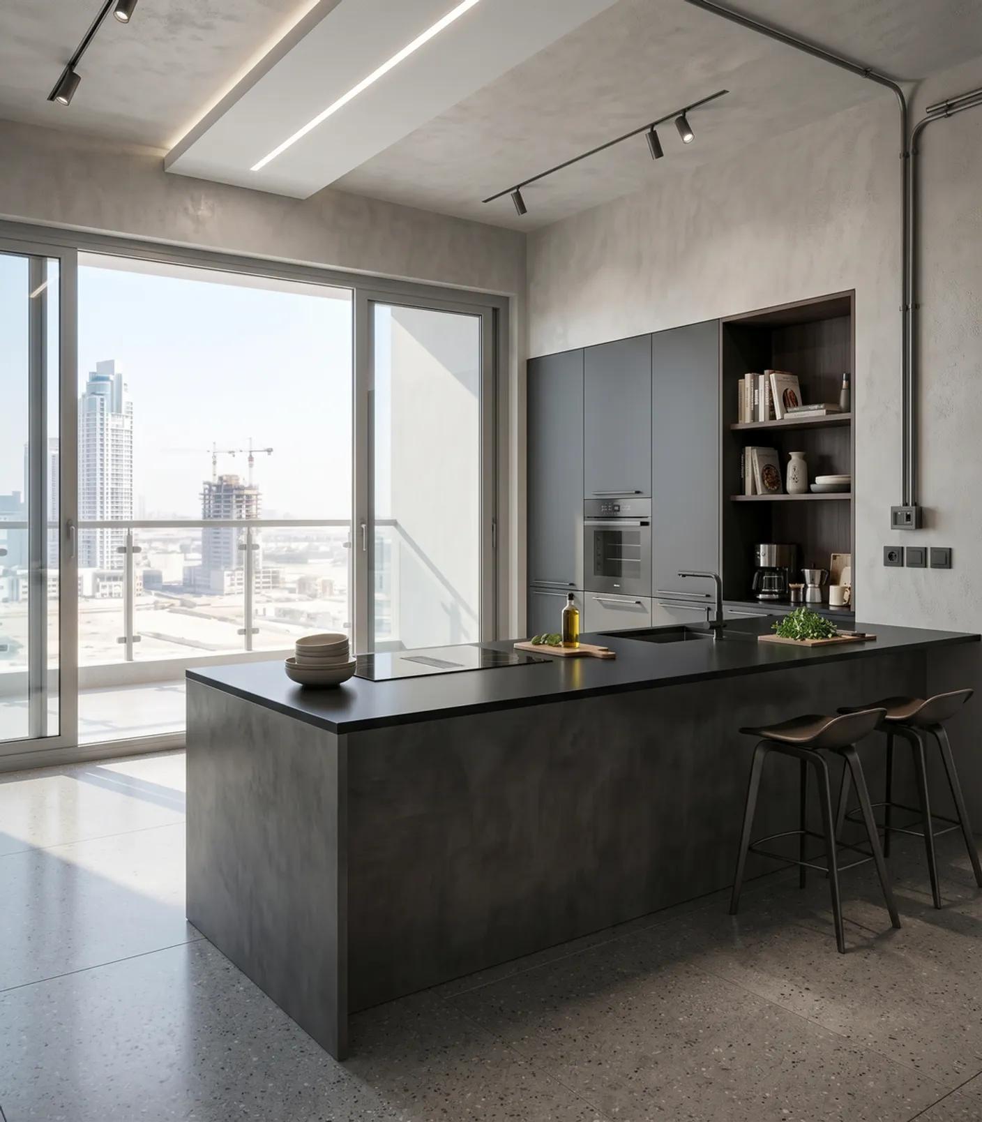 Kitchen with a dark stone island, bar seating and a sliding door opening onto a balcony with Dubai skyline views