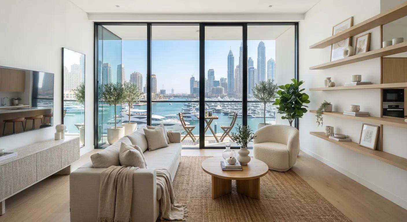 Dubai Marina one-bedroom living room with linen sofa and marina views