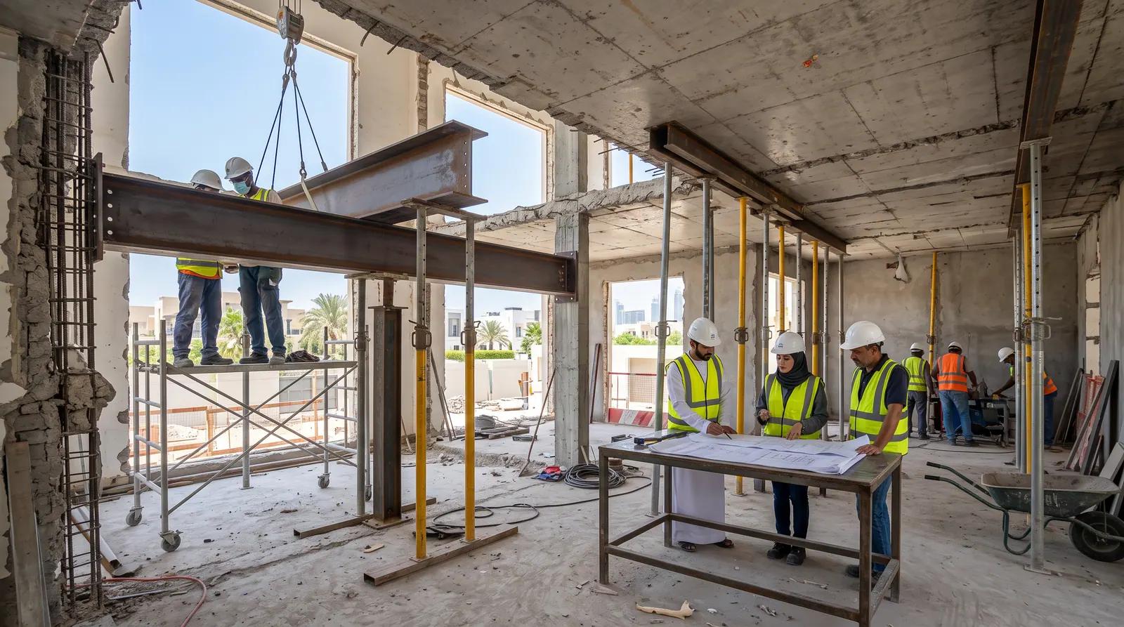 Steel beam being lifted into place during structural alterations
