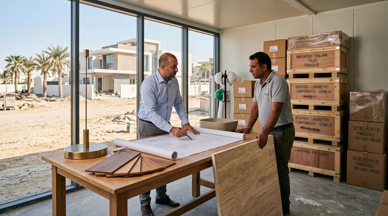 Project team checking delivered imported materials and finishes
