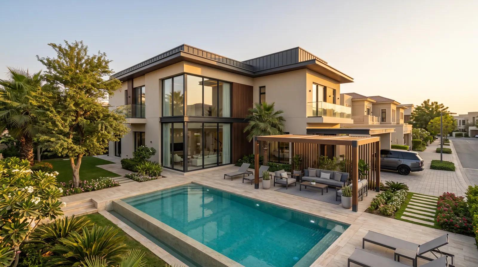 Completed villa with swimming pool and landscaping at handover
