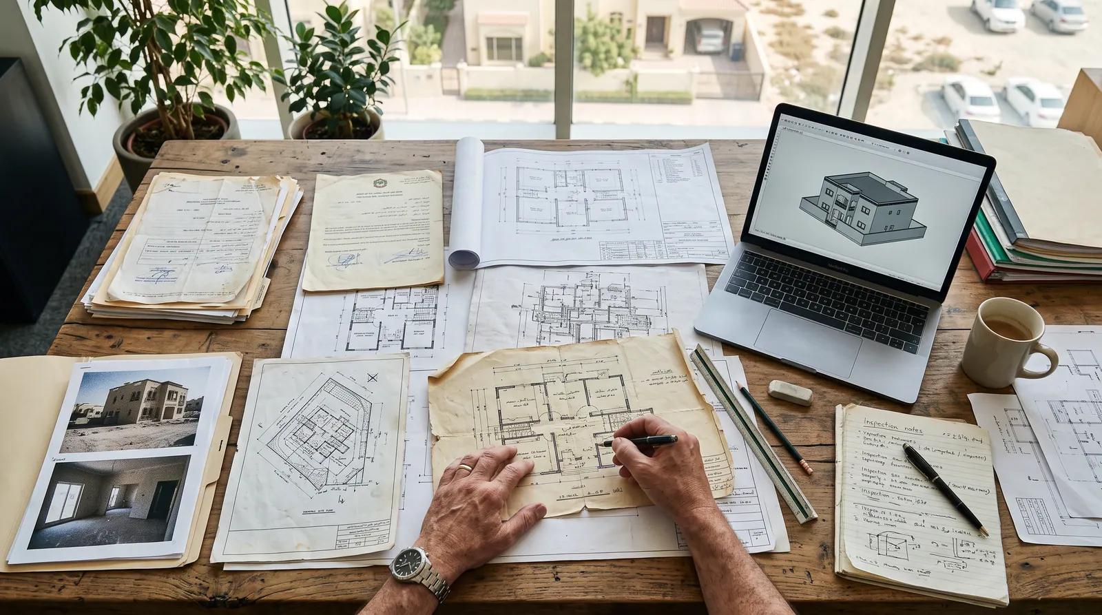 Existing villa drawings and survey documents spread across a desk