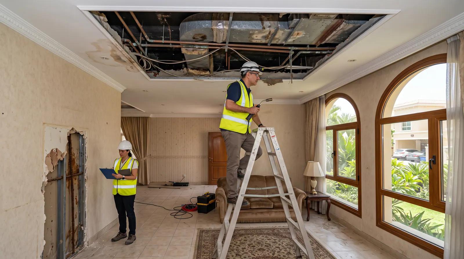 Surveyors inspecting an opened ceiling void in an older villa