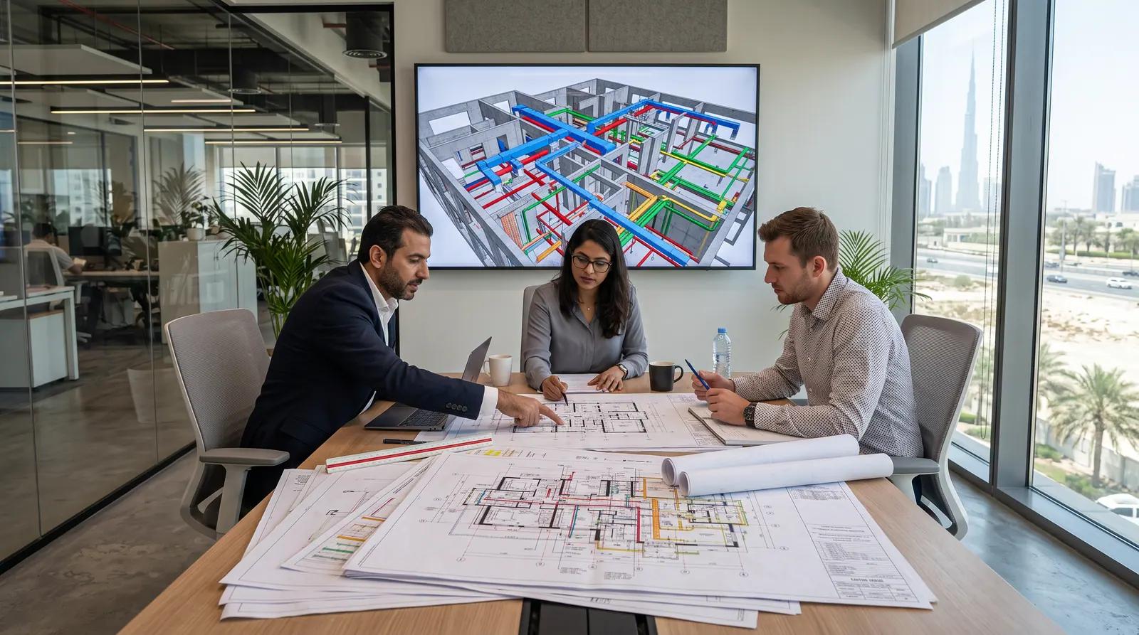 Project team reviewing a coordinated services model in a meeting room