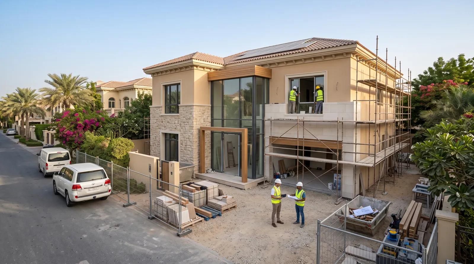 Villa renovation in progress with scaffolding and the site team on site