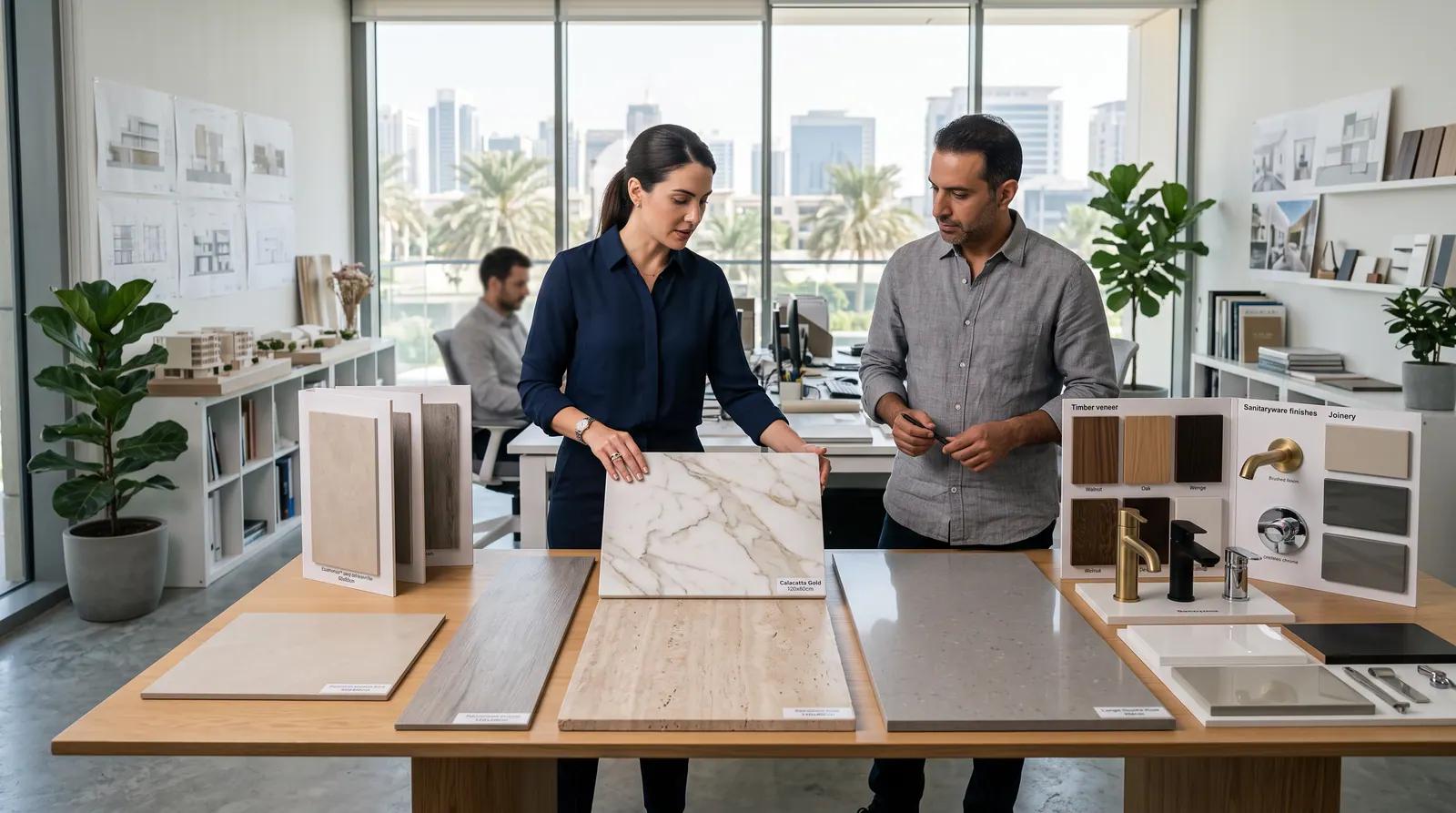 Designers reviewing tile, stone and timber finish samples in a studio