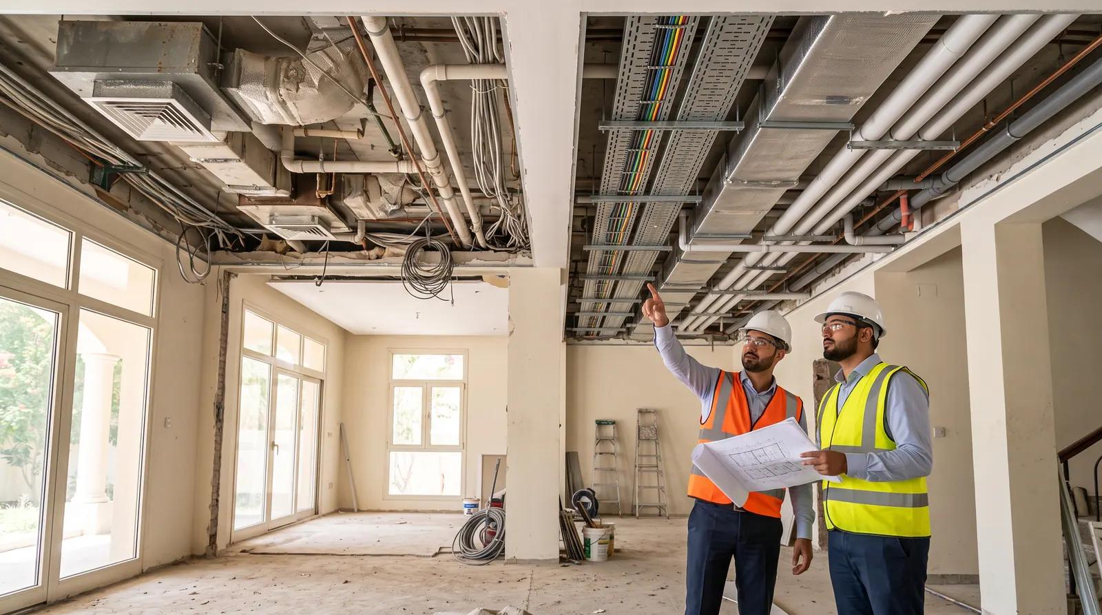Site engineers inspecting exposed MEP services at ceiling level