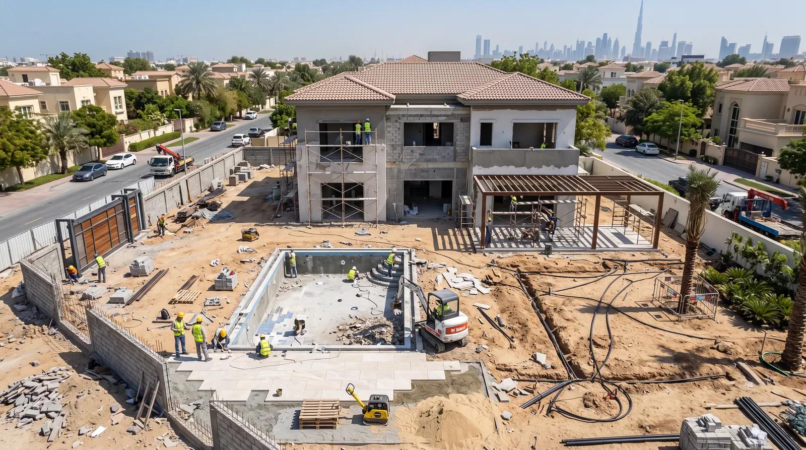 Aerial view of a villa site with pool excavation and external works