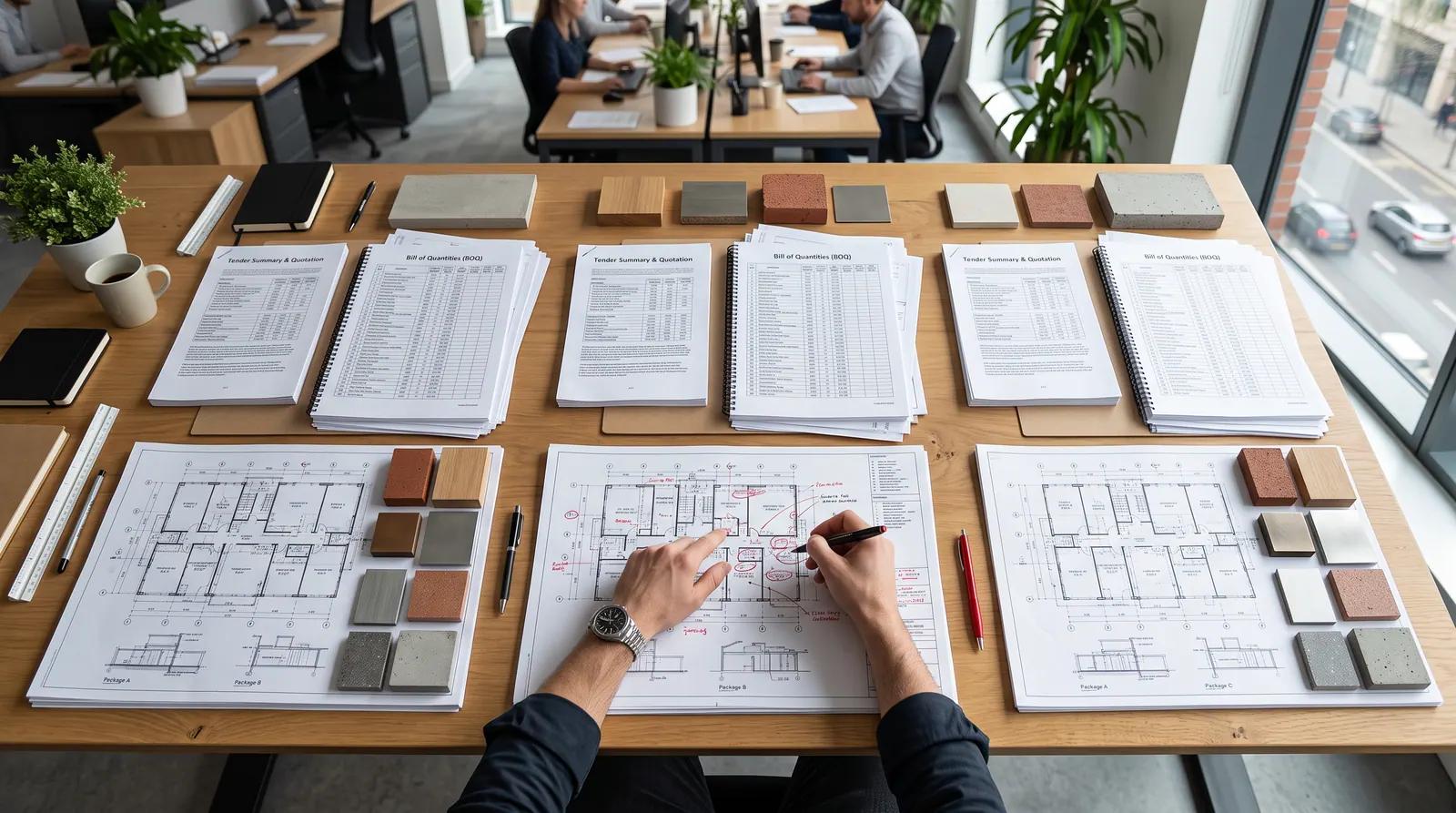 Detailed bills of quantities and drawings laid out side by side for comparison