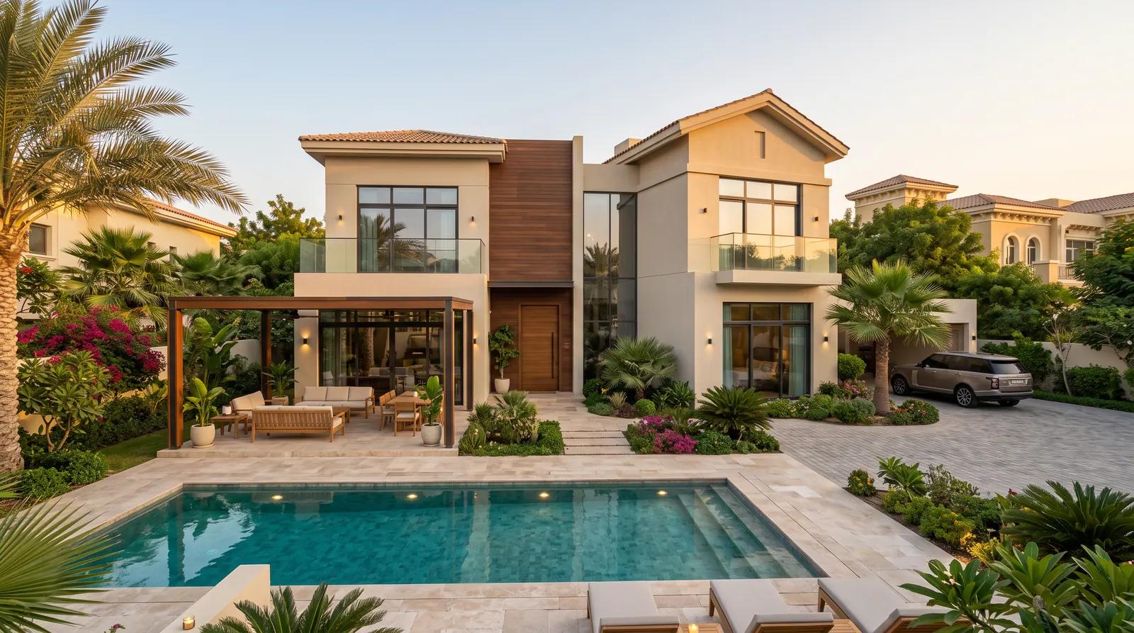 Completed villa exterior with swimming pool and mature landscaping