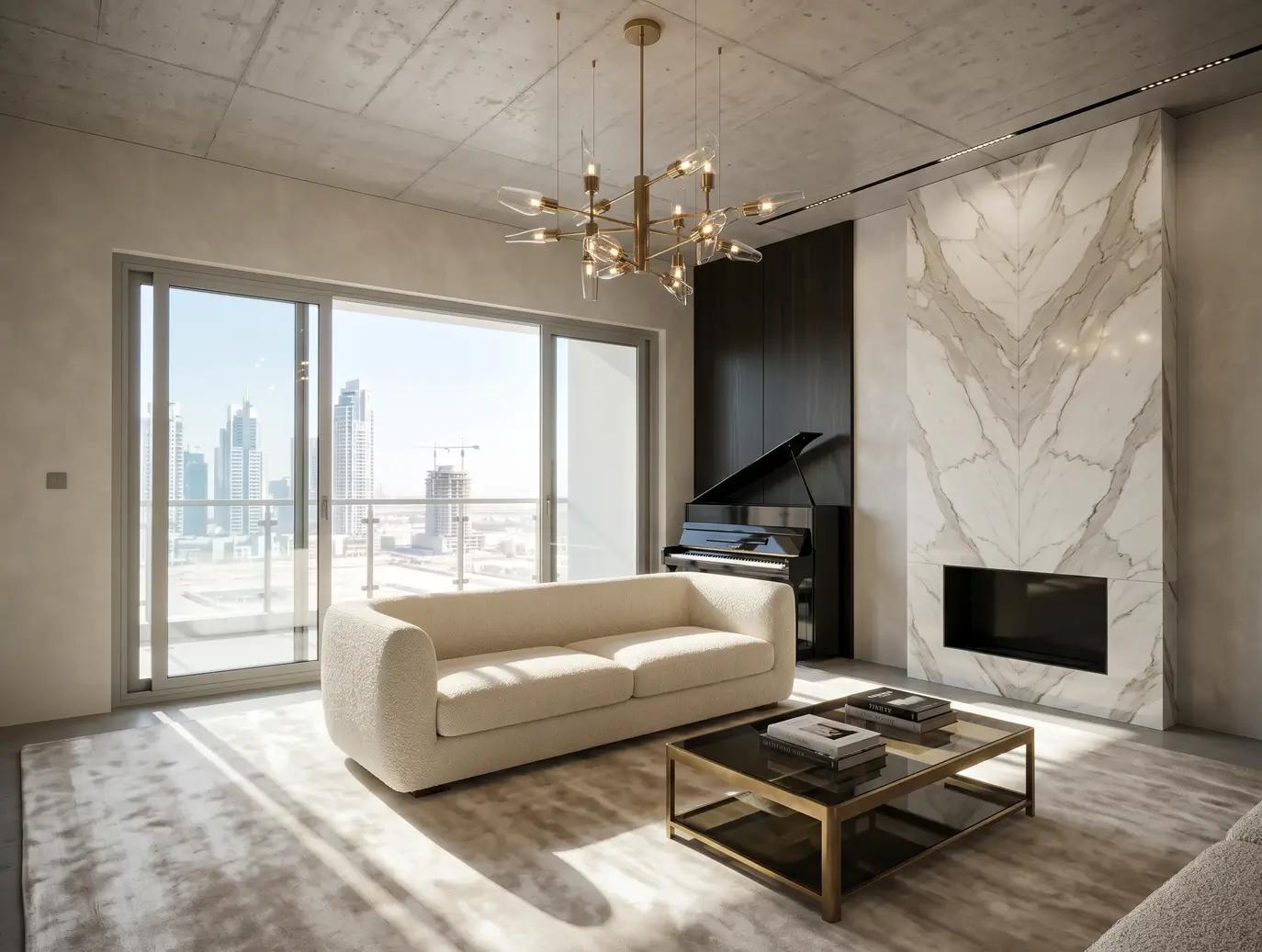 Renovated apartment living room with a cream sofa, marble fireplace wall and city views