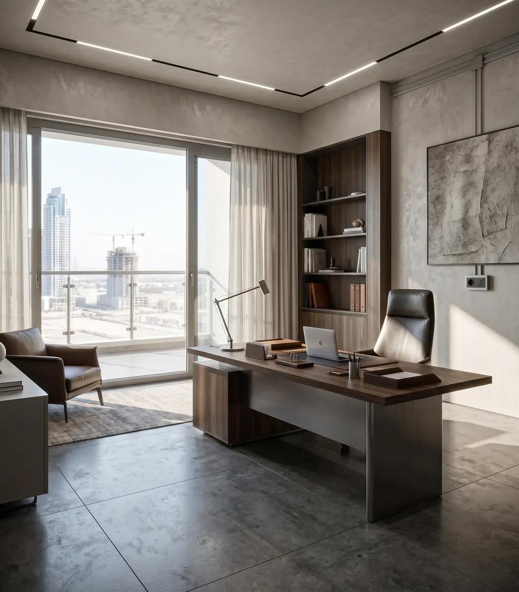 Executive office with a walnut desk, leather chair, built-in shelving and floor-to-ceiling windows over the city