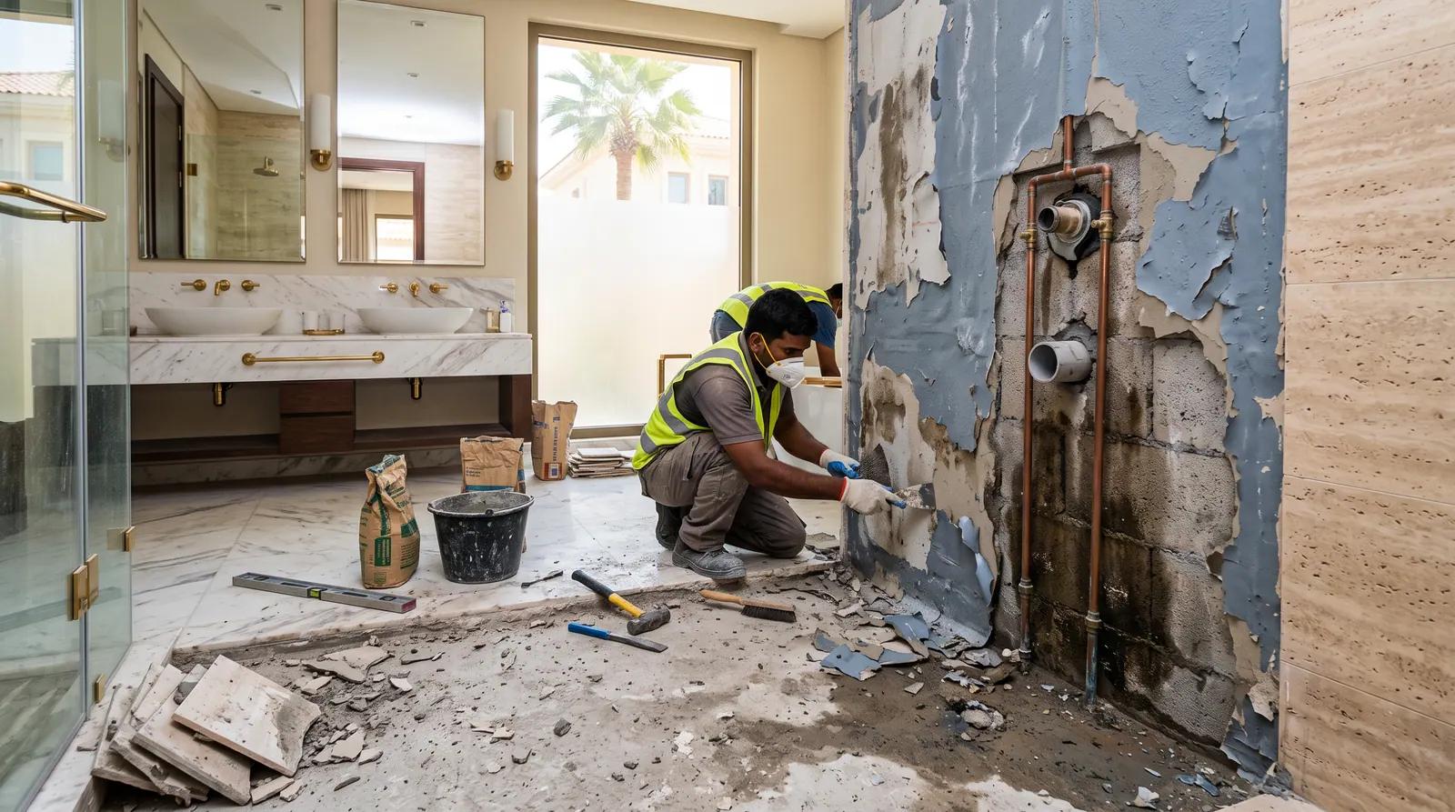 Worker removing damaged bathroom finishes to expose failed waterproofing