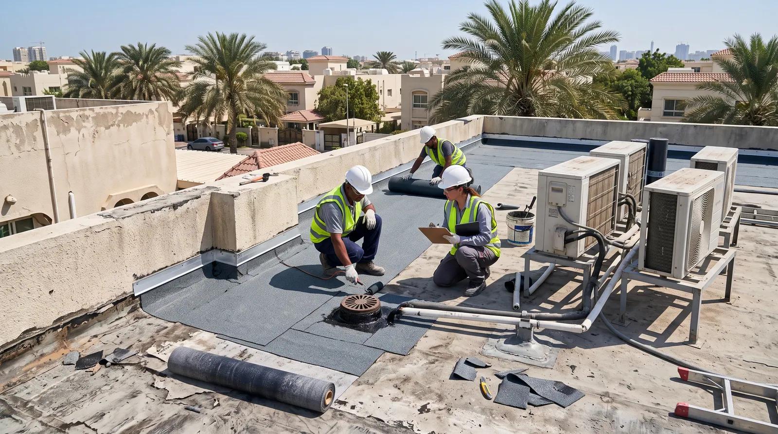 Technicians installing rooftop air-conditioning units and roof waterproofing