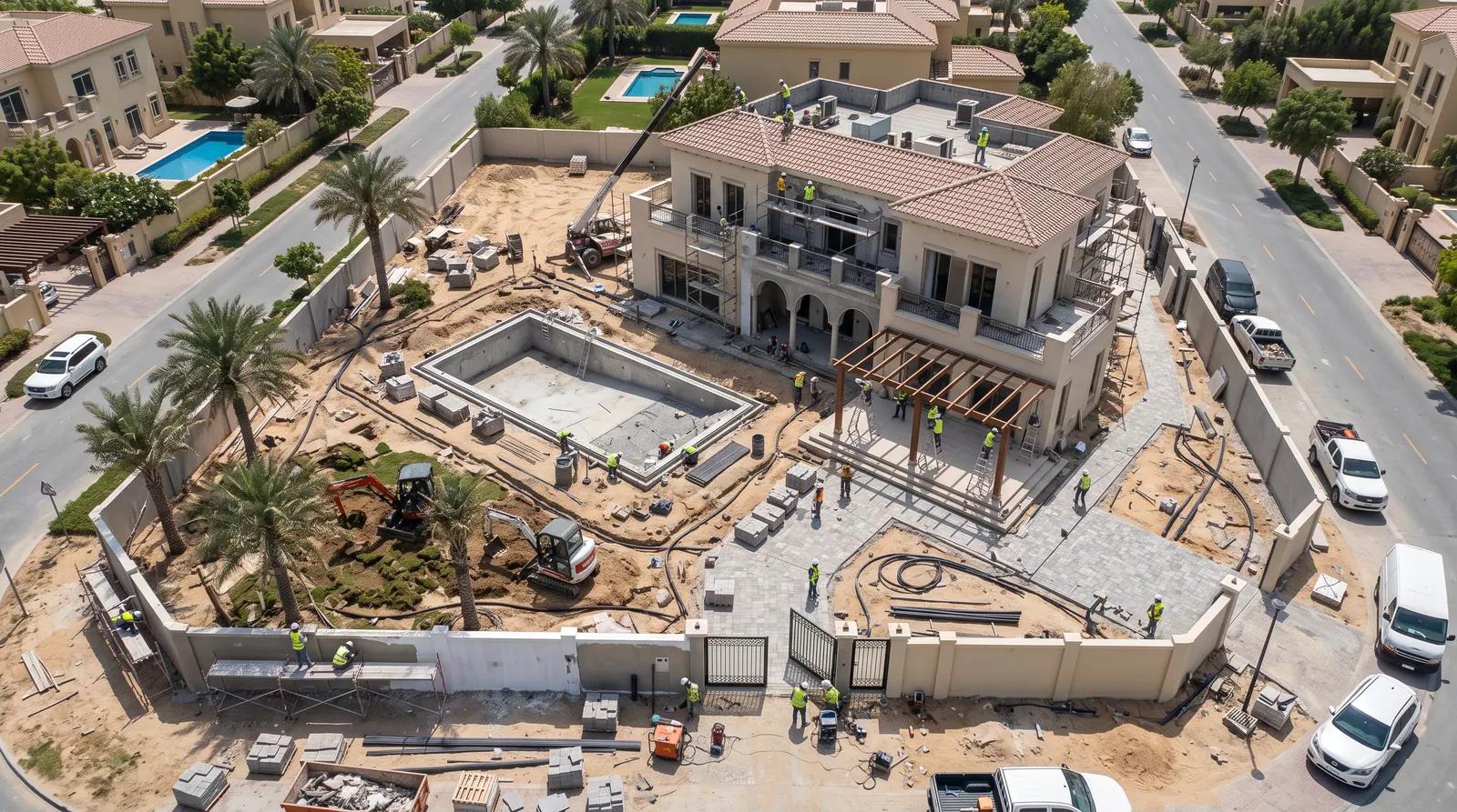 Aerial view of villa external works including pool and hard landscaping