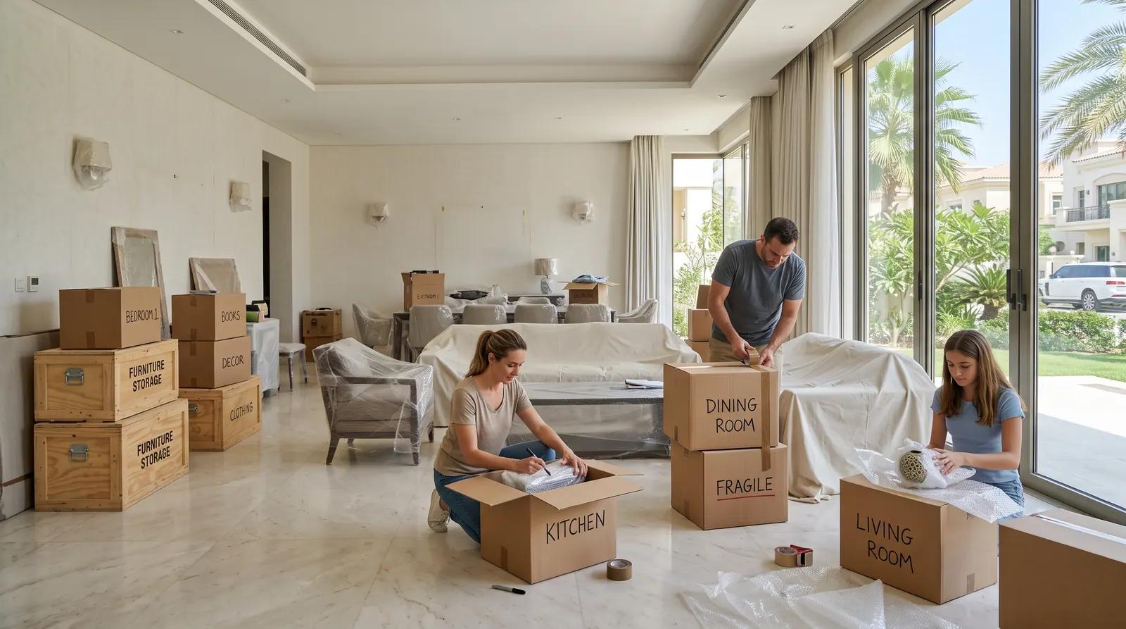 Homeowners packing boxes in a villa being prepared for renovation