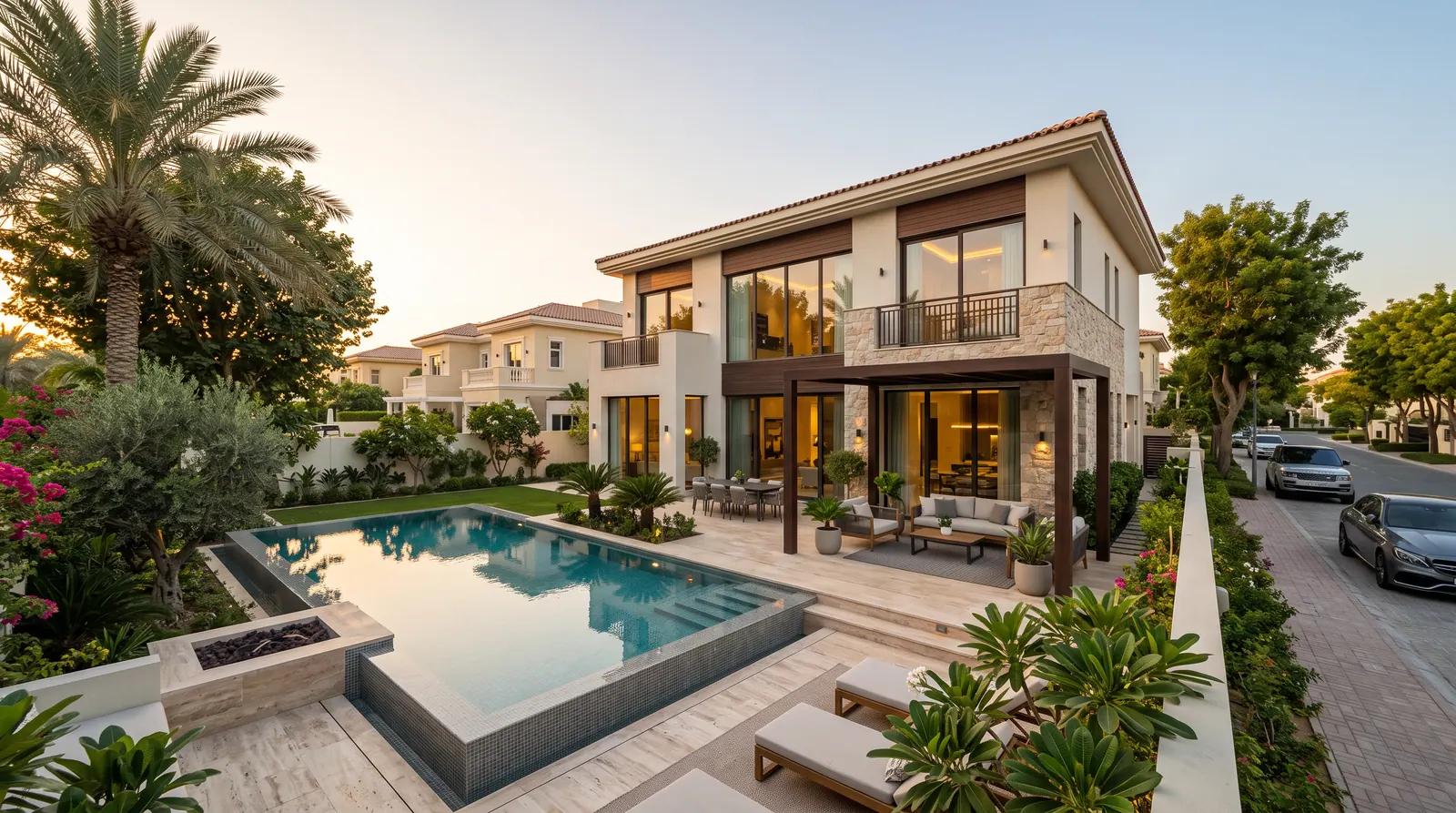 Completed villa exterior with swimming pool and landscaped garden at dusk