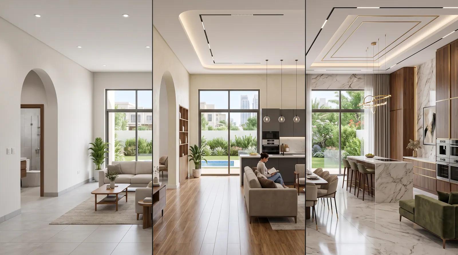 Open-plan villa interior showing living, dining and kitchen areas after renovation