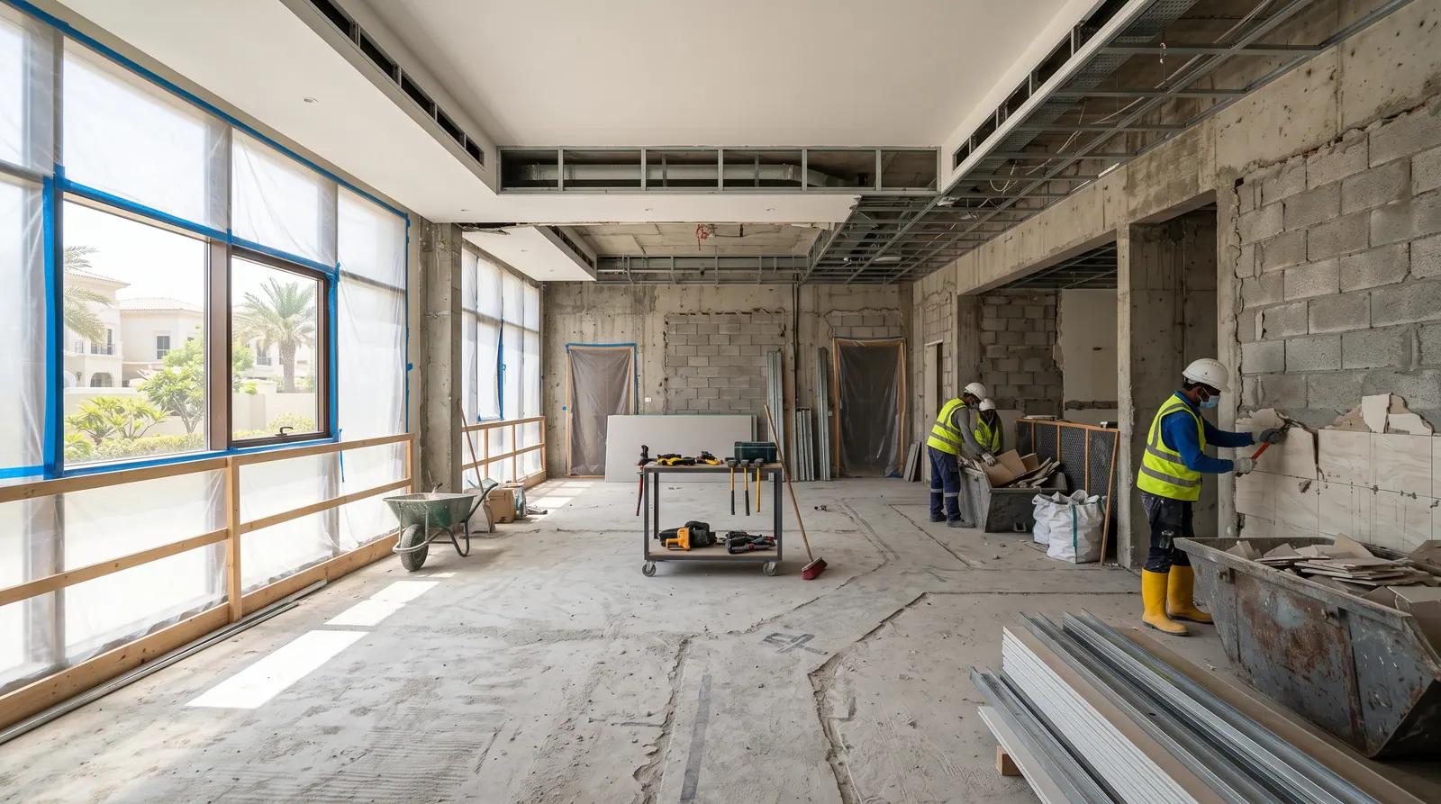 Stripped-out villa interior during demolition with workers removing finishes