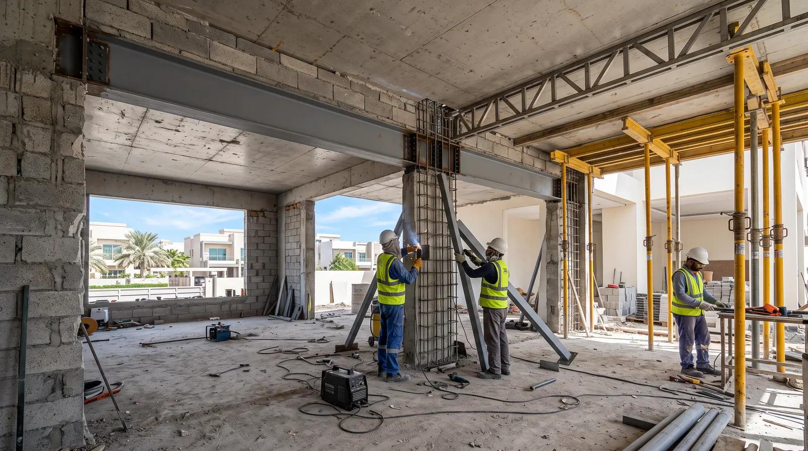 Structural works in progress with steel props and reinforced concrete columns