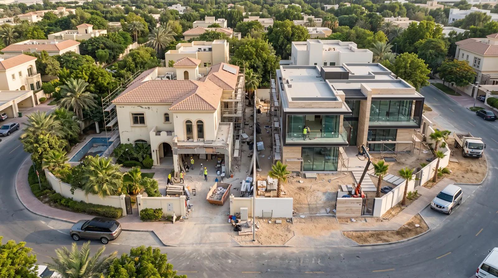 Aerial view of a Dubai villa street with rebuilding works underway