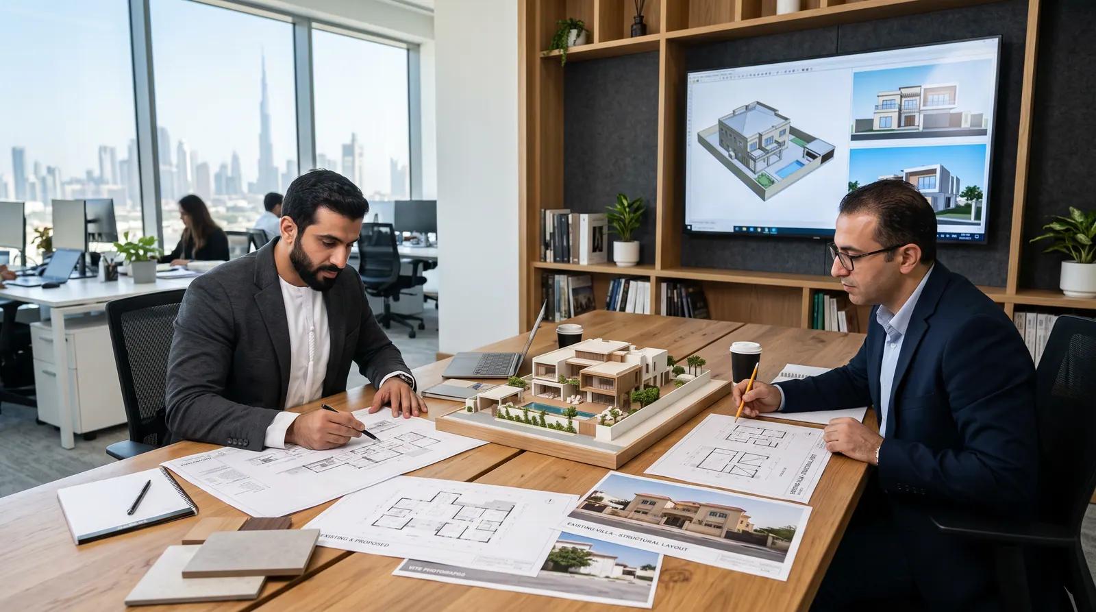 Engineers reviewing villa drawings and a scale model in a design office