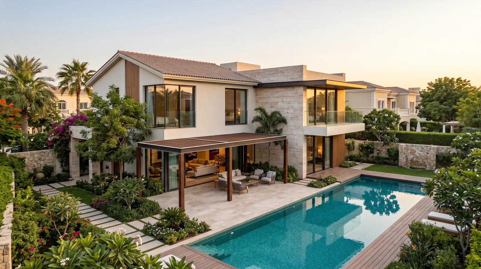 Completed contemporary villa with swimming pool and landscaped garden at dusk