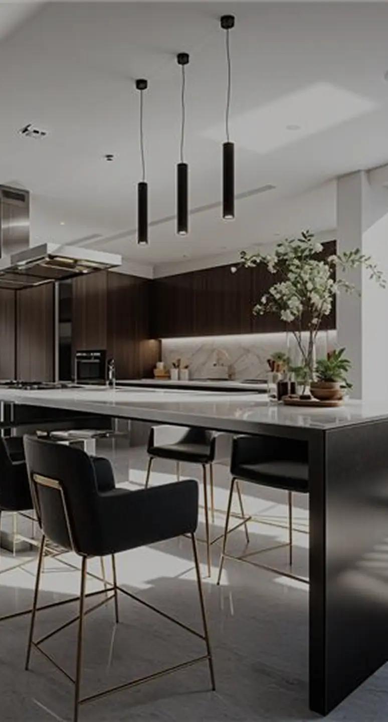 Upgraded kitchen with a dark island, bar stools and pendant lights