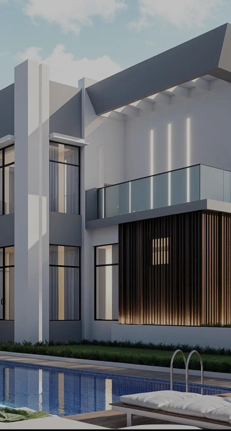 Modern villa extension with a glass balcony and pool